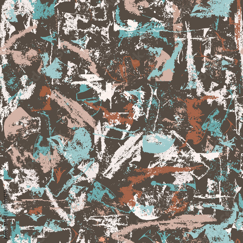 Abstract seamless textile pattern. Endless vintage texture from chaotic elements on a dark background.