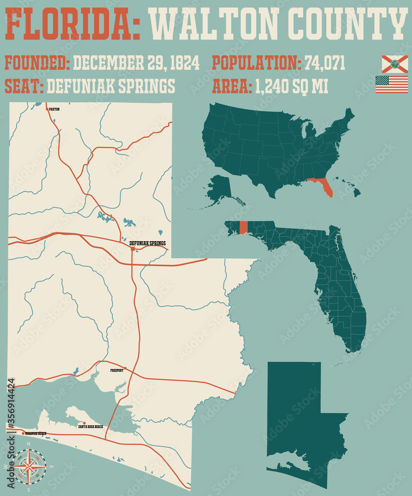 Fototapeta premium Large and detailed map of Walton county in Florida, USA.