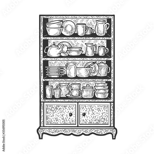 cupboard with utensils sketch engraving vector illustration. T-shirt apparel print design. Scratch board imitation. Black and white hand drawn image.