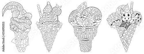 Set of hand drawn zentangle ice cream illustration for coloring