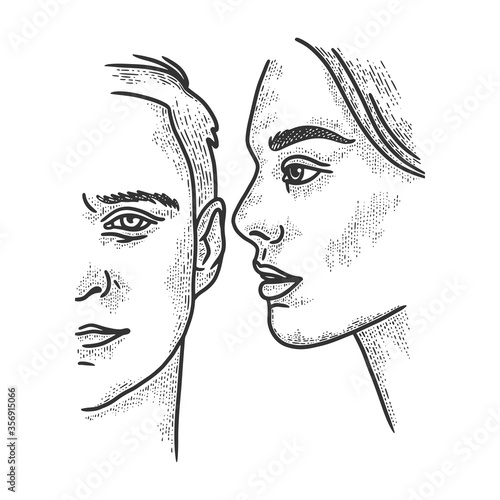 Whisper to ear sketch line art engraving vector illustration. Scratch board style imitation. Black and white hand drawn image.