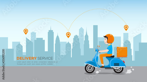 Delivery man riding scooter with delivery case box on the road in downtown area. Delivery Service business, Vector illustration.