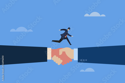 Conceptual illustration of a business executive moving fast on a shaking hands