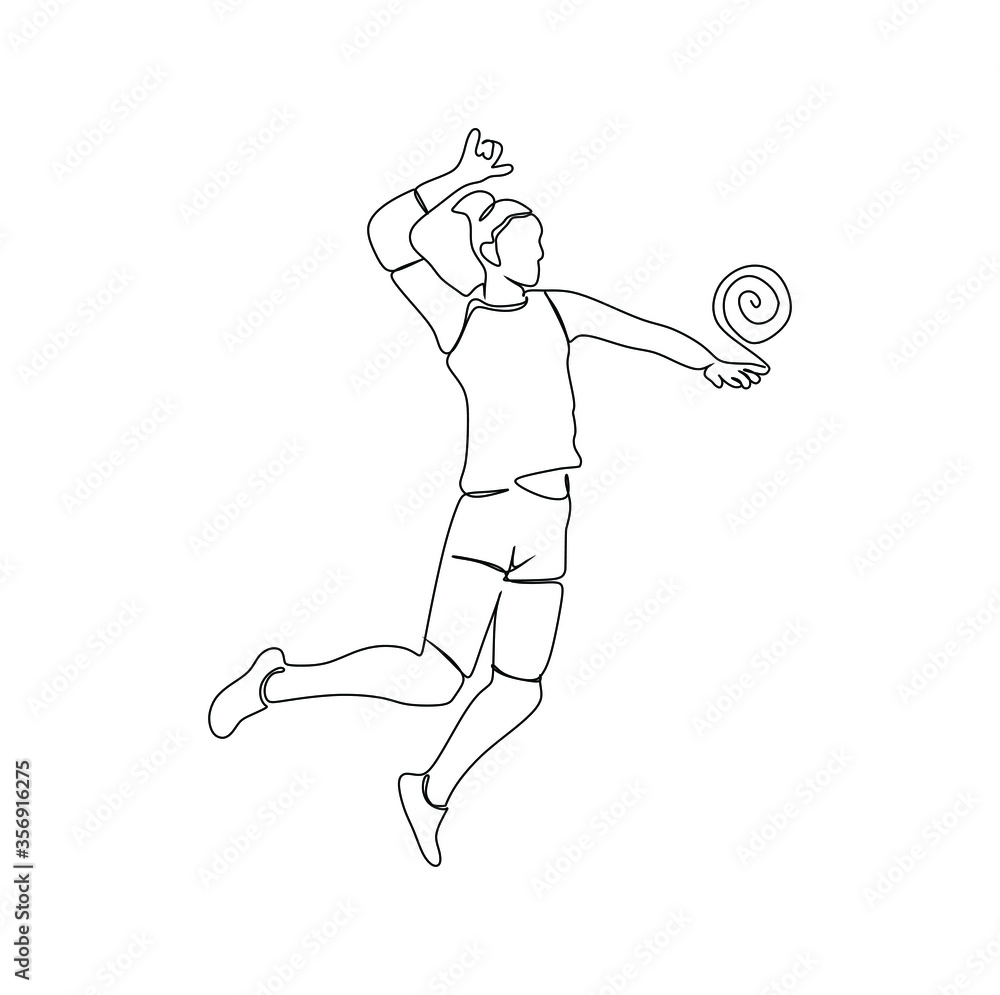 A young woman volleyball player jumping  and preparing to spike the ball. Continuous one line drawing vector illustration 