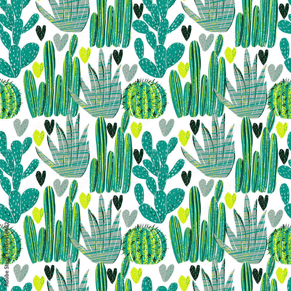 Obraz Bright seamless pattern with digital hand drawn cacti