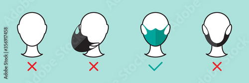 Icon pictogram of How to Use face mask properly. Coronavirus Covid-19 advice. Vector illustration
