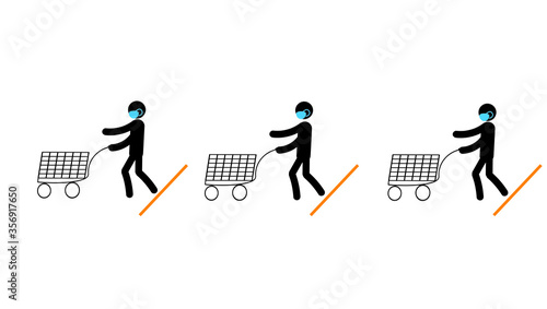 Social distance in the supermarket. Banner. Stick man in a medical mask from the virus. People with a shopping cart while waiting in line or queue, kept at a distance.  Prevention of Covid-19 coronav