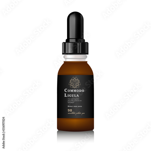 Realistic essential oil brown bottle. Mock up bottle. Cosmetic vial, flask, flacon. Container for perfume. Medical bank. Cosmetic dropper-bottle for serum. Prescription bottle with design label.
