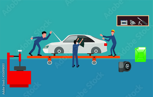 Image scenes with workers in car service, and car repair vector illustration © Massaget