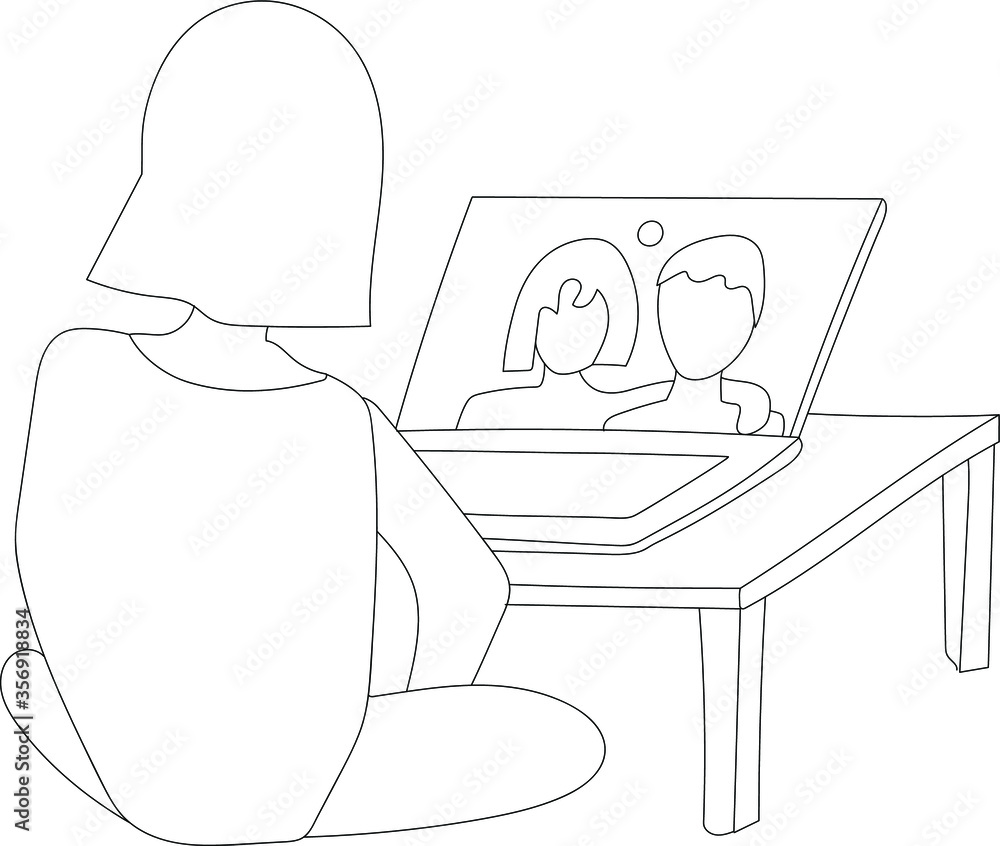 a girl from home communicates with her friends via video communication, an online meeting. Vector illustration. a girl from home communicates with her friends via video communication, an online meeting. Vector illustration.