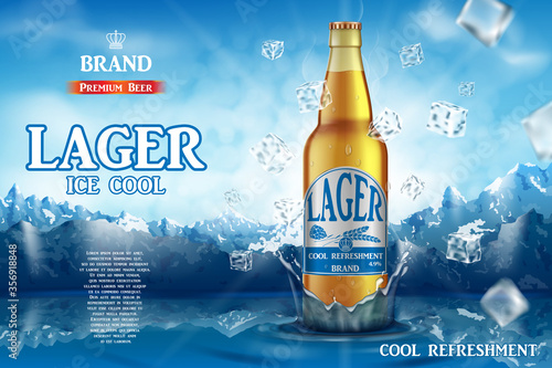 Lager light beer ads. Realistic premium beer in glass bottle on ice cubes and snow mountain background. 3d Vector illustration