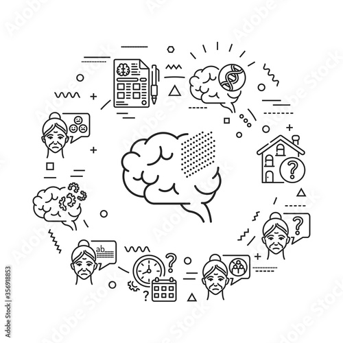 Brain disease dementia web banner. Decline in memory. Decrease in mental human abilities. Infographics with linear icons on background. Creative idea concept. Isolated outline black illustration