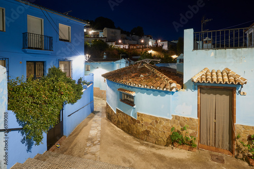 Juzcar, Spanish city of Malaga. Located in the Genal Valley in the Serranía de Ronda. The town was painted blue as the setting to shoot a famous movie.