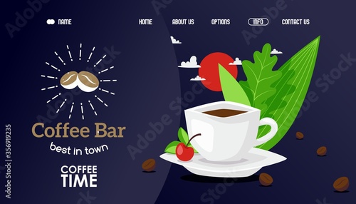 Coffee bar best in town, coffe time vector illustration. Cafe official website, main page with cup hot aromatic drink made from freshly ground beans. Decoration fresh herbs, mint and berry.