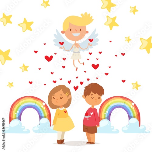 Coupidone connects kids hearts, vector illustration. Boy and girl character fall in love with each other, between them small hearts. Angel child rejoices in successful work over them.