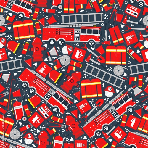 Fire safety attributes, bright pattern vector illustration. Fire truck, hydrant, fire extinguishing equipment. Background flame service, special device for eliminating flame danger.