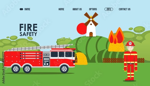 Fire safety online webpage, vector illustration. Local fire service official site, fireman in protective jacket near car. Haystack burn near mill, owner called fire assistance to extinguish flame.