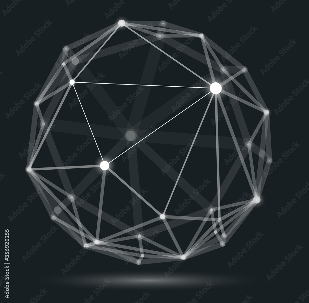 Dimensional lattice mesh vector abstraction, 3D polygonal design abstract sphere, tech and science digital style dynamic connections with lines and dots, with realistic depth of field effect. Dimensional lattice mesh vector abstraction, 3D polygonal design abstract sphere, tech and science digital style dynamic connections with lines and dots, with realistic depth of field effect.