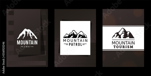 Logo mountains patrol and tourism, vector illustration. Company identification in tourist market, snowy mountain top image. Advertising agency with mountain expeditions, template print.