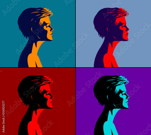 Beautiful woman profile set in different colors vector art.