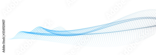 Beautiful vector abstract background of flying particles in motion, wavy lines flow big data technology and science theme, 3D dots array flowing in motion, nanotechnology.