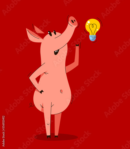 Funny cartoon pig thinking on some idea shown with light bulb vector illustration, happy smart animal swine character drawing.