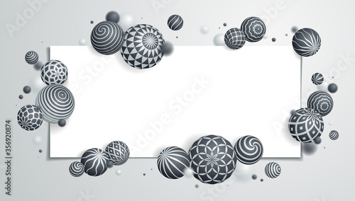 Abstract spheres vector background with blank paper sheet, composition of flying balls decorated with patterns, 3D mixed variety realistic globes with ornaments, depth of field effect.