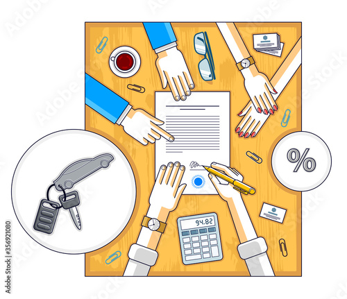 Man signs financial document for credit to buy a new car and bank employee or auto salon dealer explains terms of loan, or car rental, top view of desk with people hands and paper documents. Vector.