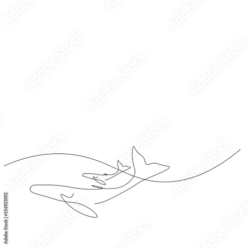 Whale family on ocean silhouette, vector illustration