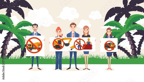 Under construction, demonstration group with banners, vector illustration. Environmental protest against building in tropical clean place, palm background. Posters with crossed construction image.