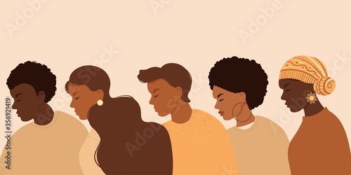Stop racism. Black lives matter, we are equal. No racism concept. Flat style. Different skin colors. Supporting illustration. Vector.