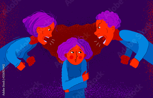 Parents abusers screams and shout on scared little girl their daughter, abusive parents domestic violence, psychological violence abuse, child victim trauma, vector cartoon.