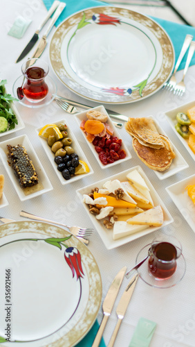 Healthy organic Turkish Mediterranean Breakfast with Turkish tea