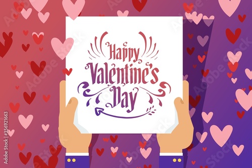 Happy valentine s day lettering card, vector illustration. Congratulation for lovers day in character hands. Romantic text design, heart background. Decoration calligraphy type flyer.