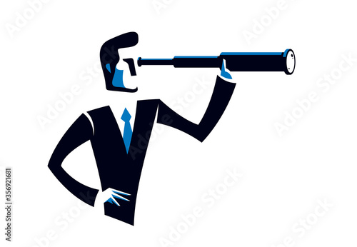 Businessman looking for opportunities in spyglass business concept vector illustration, young handsome business man searches new perspectives.