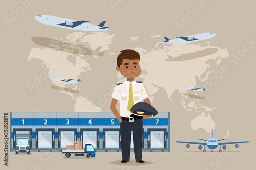 Warehouse outside, plane delievery vector illustration. Tracking package, industrial transportation and maintenance logistics. Commercial business worker character in pilot uniform, map background.