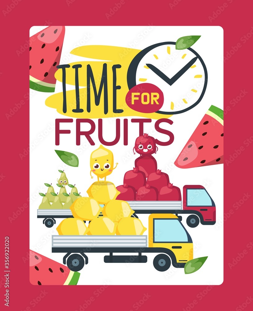 Food warehouse, time for fruits outside vector illustration. Grocery