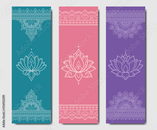 Set of design yoga mats. Lotus floral and mandala pattern in oriental style for decoration sport equipment. Colorful ethnic Indian ornaments for spiritual serenity. Decor of card, poster, print.