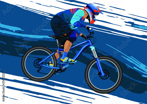 Silhouette of a biker descending on a mountain bike on a slope - vector illustration