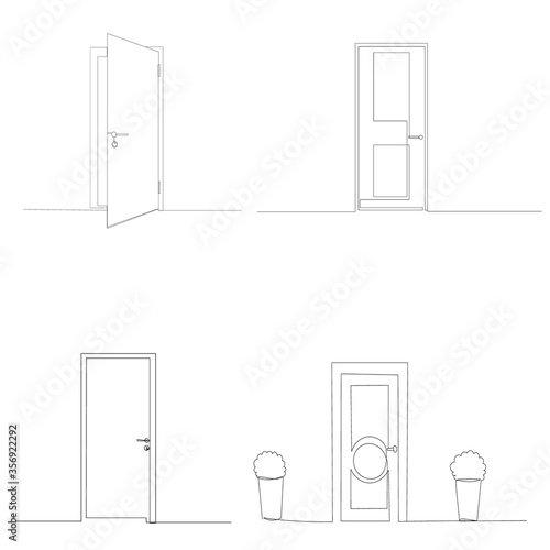  isolated, front door drawing in one continuous line, set