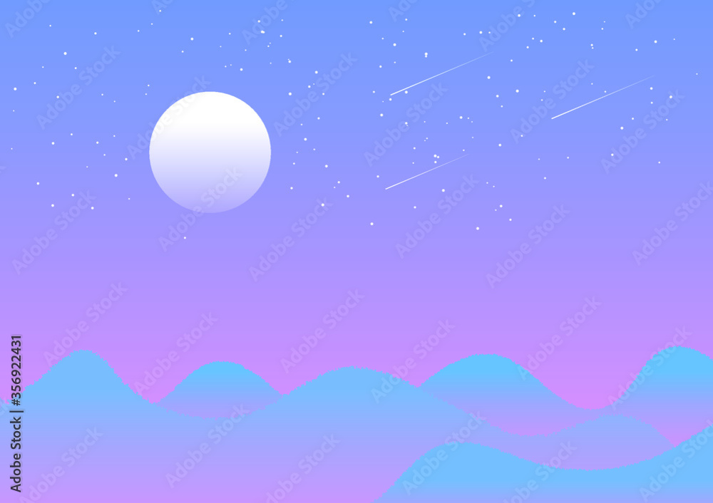 Fototapeta premium Vector illustration : Night mountains full moon landscape with moon light and shooting star, EPS10 