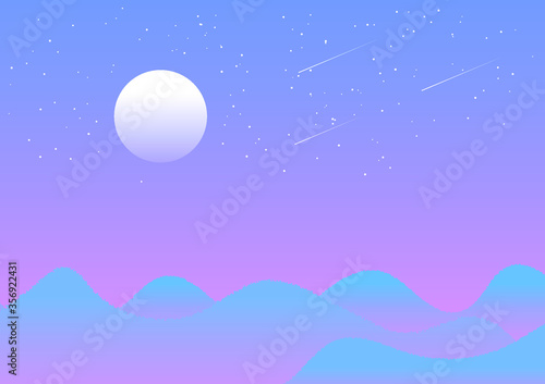 Fototapeta Naklejka Na Ścianę i Meble -  Vector illustration : Night mountains full moon landscape with moon light and shooting star, EPS10 