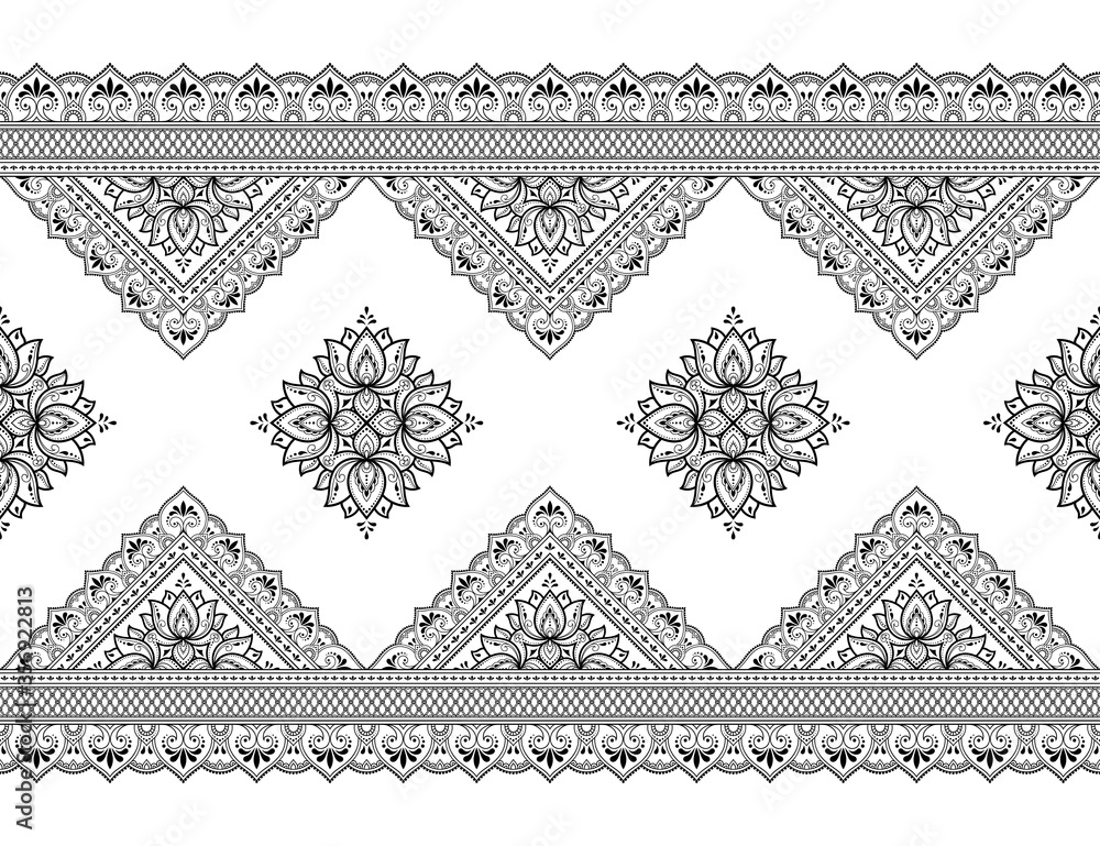 Seamless borders with mandala for design, application of henna, Mehndi and tattoo. Decorative pattern in ethnic oriental, Indian style. Doodle ornament. Outline hand draw vector illustration. Seamless borders with mandala for design, application of henna, Mehndi and tattoo. Decorative pattern in ethnic oriental, Indian style. Doodle ornament. Outline hand draw vector illustration.
