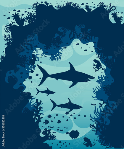  underwater world of silhouette illustration of corals, fishes, shark  vector