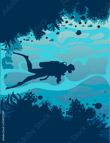 diving silhouette illustration vector fish corals