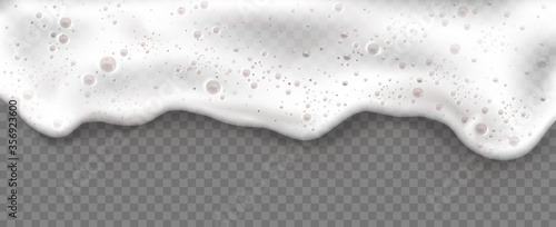 Beer foam isolated on transparent background. White soap froth texture with bubbles, seamless border, foamy frame. Sea or ocean wave, laundry cleaning detergent spume, realistic 3d vector illustration photo