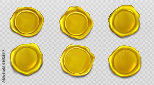 Gold wax seal stamp approval sealing. Quality guarantee blank retro postal label, royal insignia for letter or document isolated on transparent background. Realistic 3d vector illustration, icons set