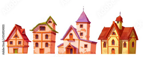 Medieval buildings, house town architecture. Dwelling construction antique cottages with stone walls and wooden roofs front view isolated on white background. Housing exterior, cartoon vector set