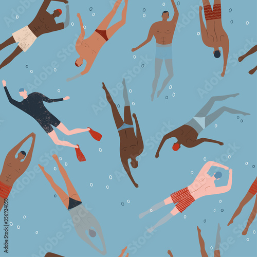 Seamless pattern with swimmers. Abstract pattern with swimming people