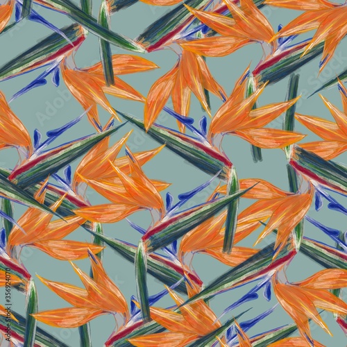 Strelitzia (Bird of Paradise) flower watercolor seamless pattern. Light greenish blue background.